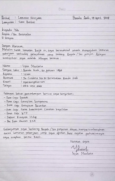 Contoh Surat Lamaran Pekerjaan Tulis Tangan Rapi